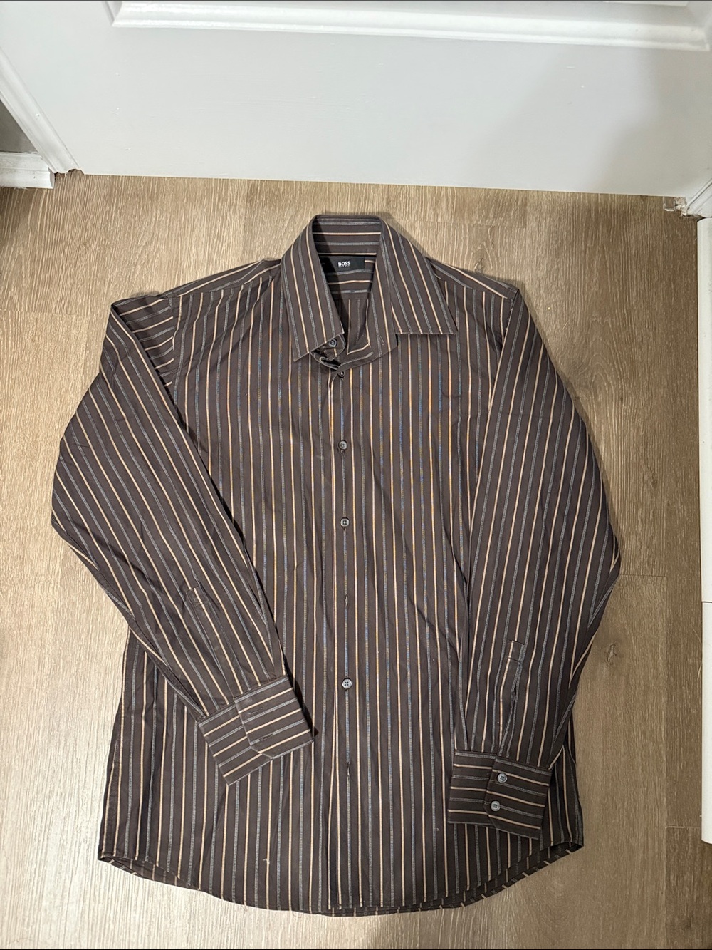 Boss Brown Striped Long-Sleeve Dress Shirt